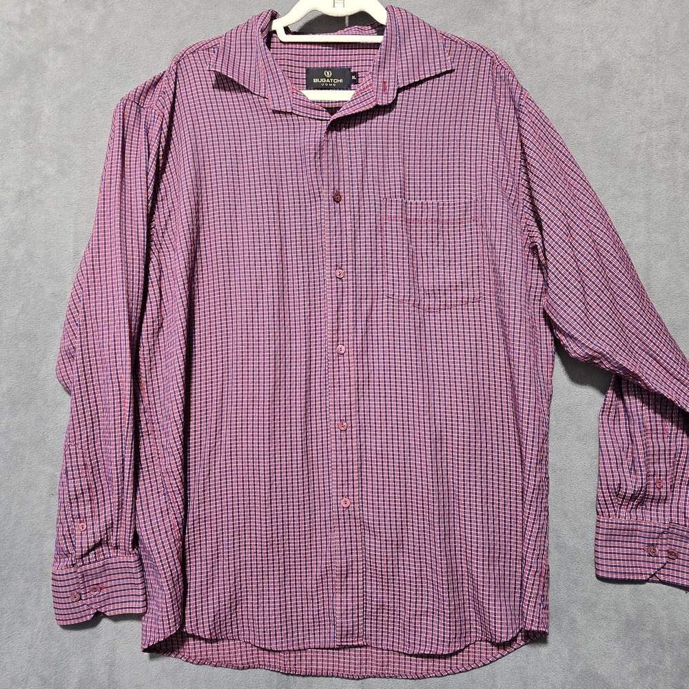 Bugatchi Uomo Shirt XL Red & Blue Check Clasic Fit Button Up Long Sleeve